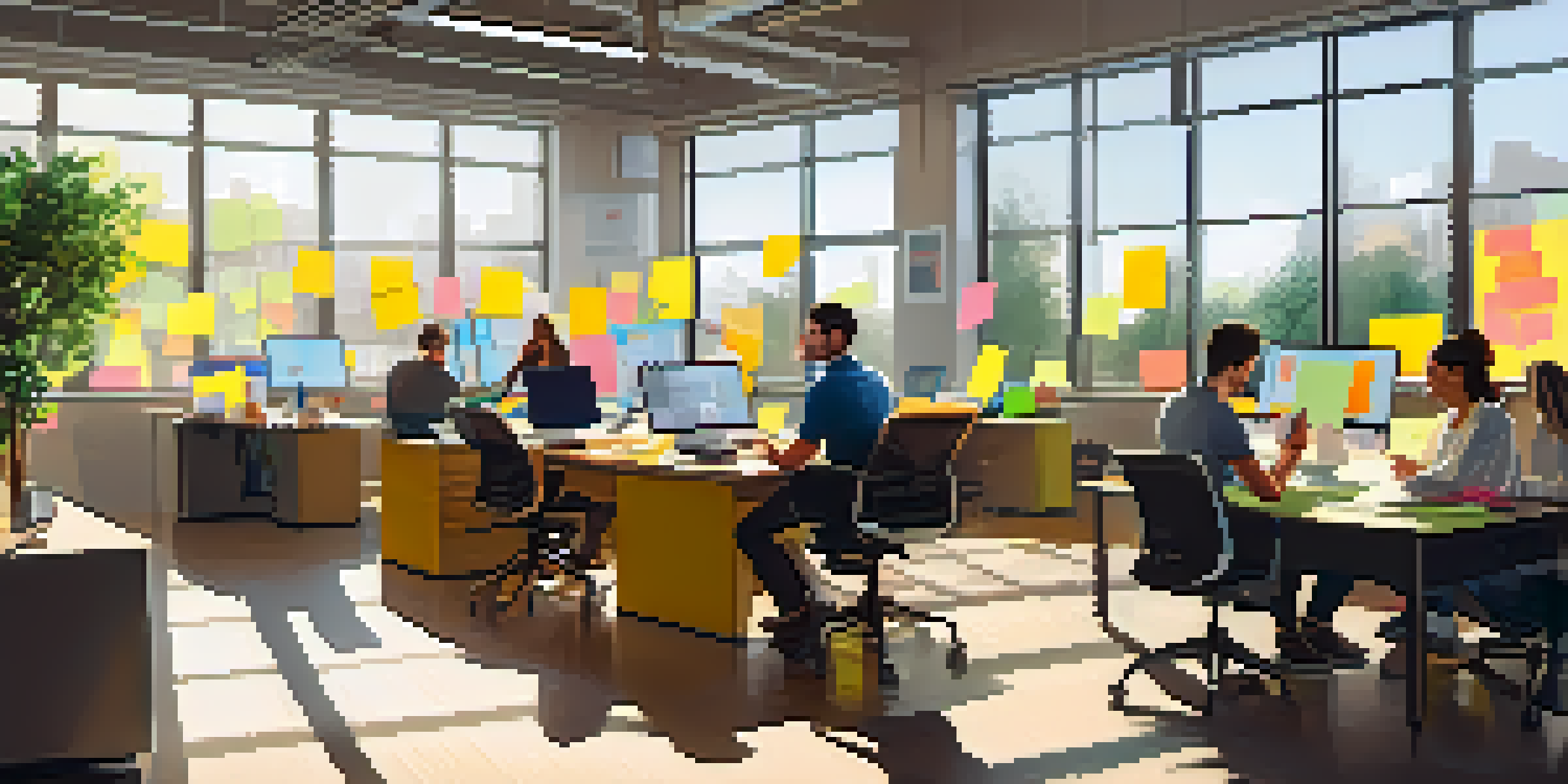 A modern office workspace with diverse team members collaborating around a table, illuminated by natural light.