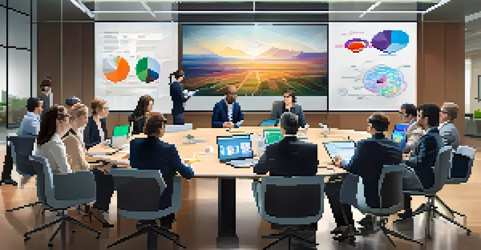 A diverse group of professionals collaborating in a modern office, discussing and brainstorming around a table with digital screens, showcasing teamwork across disciplines.