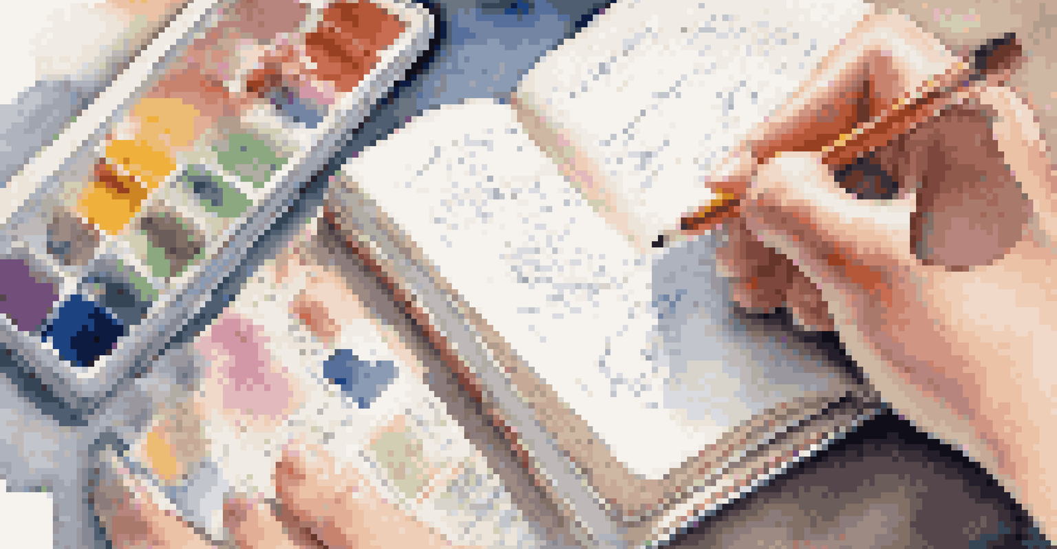 A close-up of a student's hands writing notes in a notebook, with colorful stationery and organized diagrams.