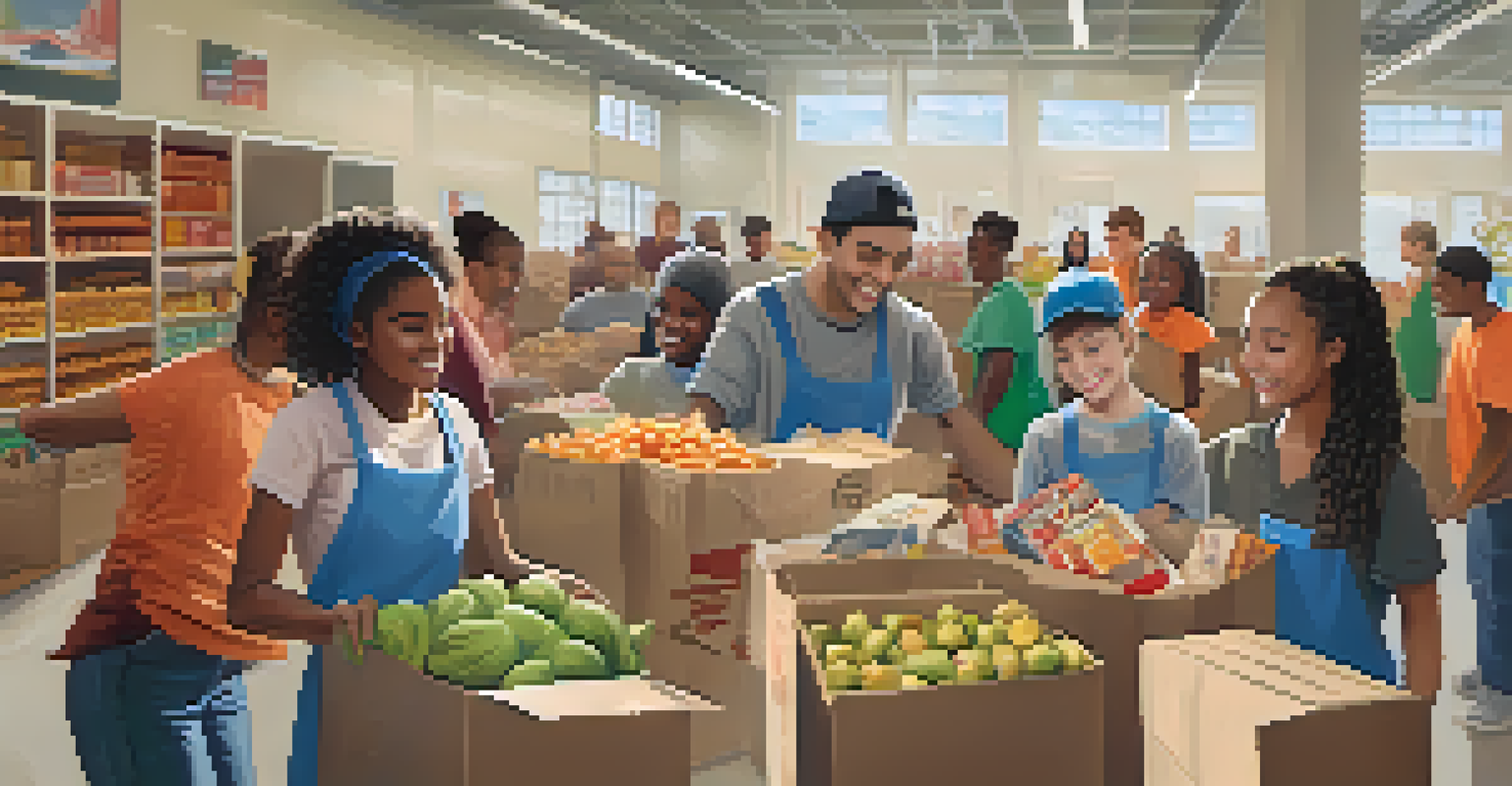 Students collecting food items for a community food bank, showcasing teamwork and community service.