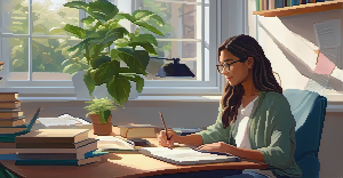 A student engaged in online learning at a desk with a laptop, surrounded by books and a plant, in a warmly lit room.