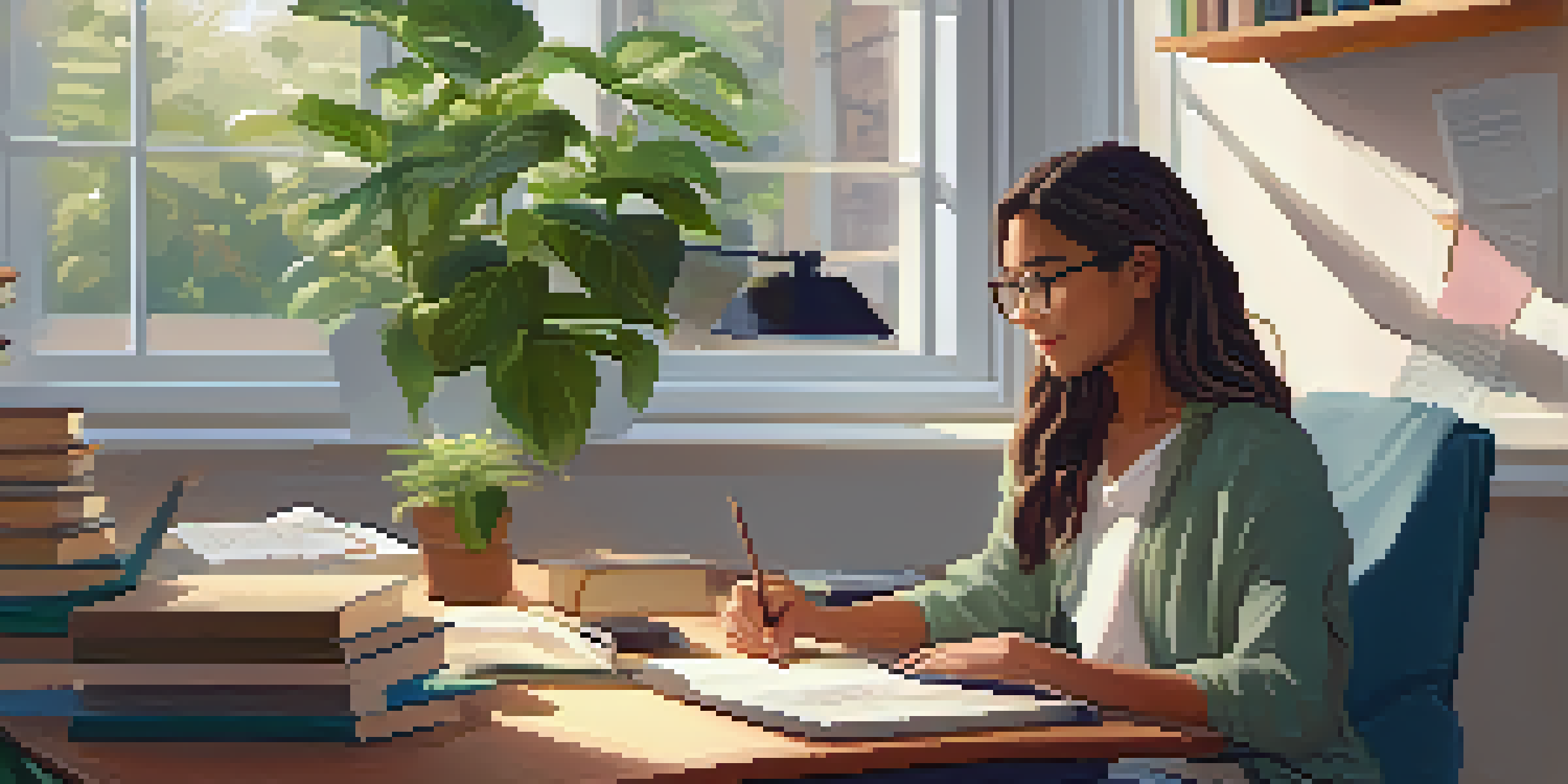 A student engaged in online learning at a desk with a laptop, surrounded by books and a plant, in a warmly lit room.
