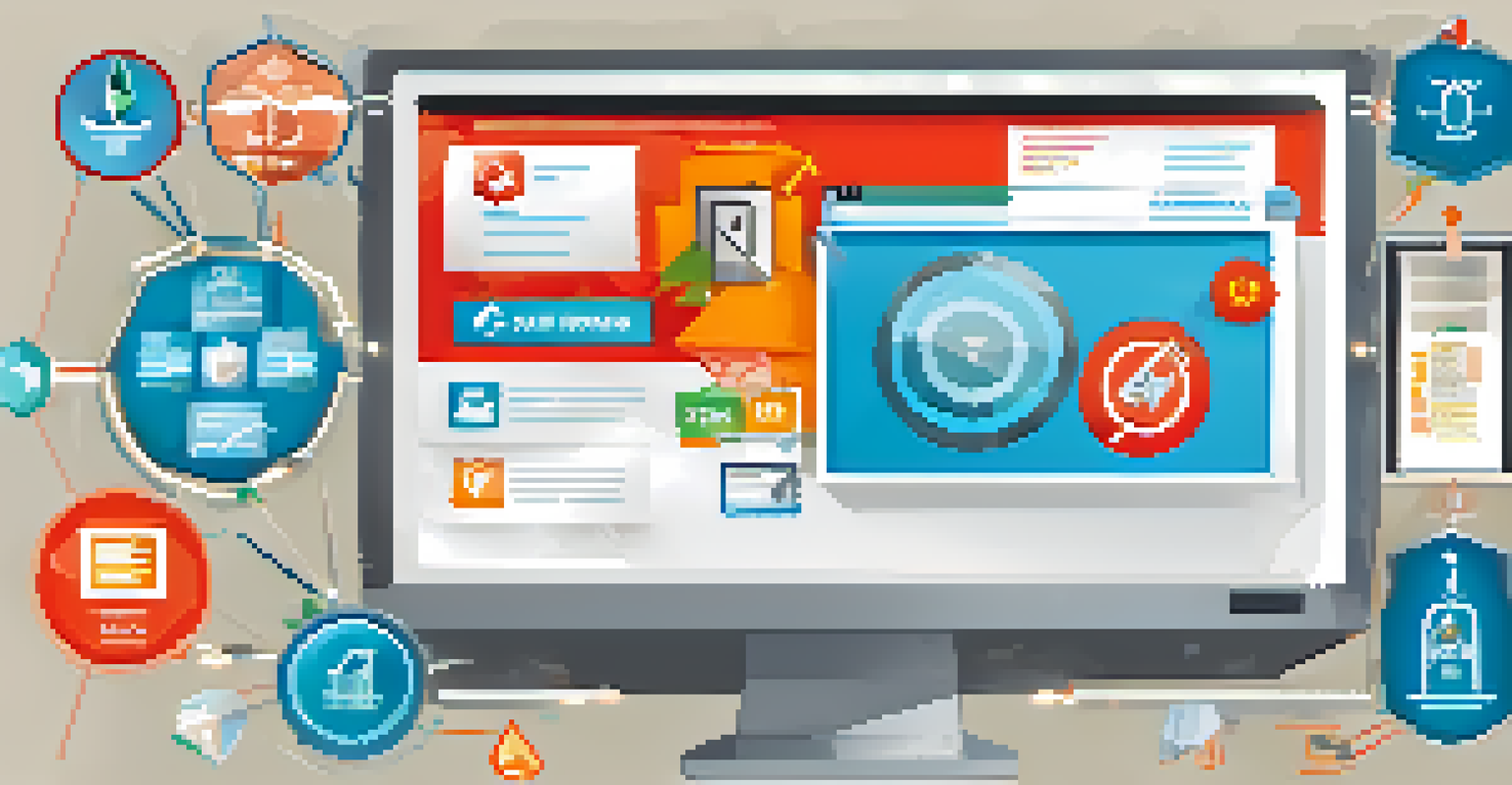 An infographic illustrating safe browsing practices with icons for HTTPS, antivirus software, and caution signs around a desktop computer.