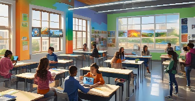 A vibrant classroom filled with diverse students using various technologies like tablets and VR headsets, promoting an engaging learning atmosphere.