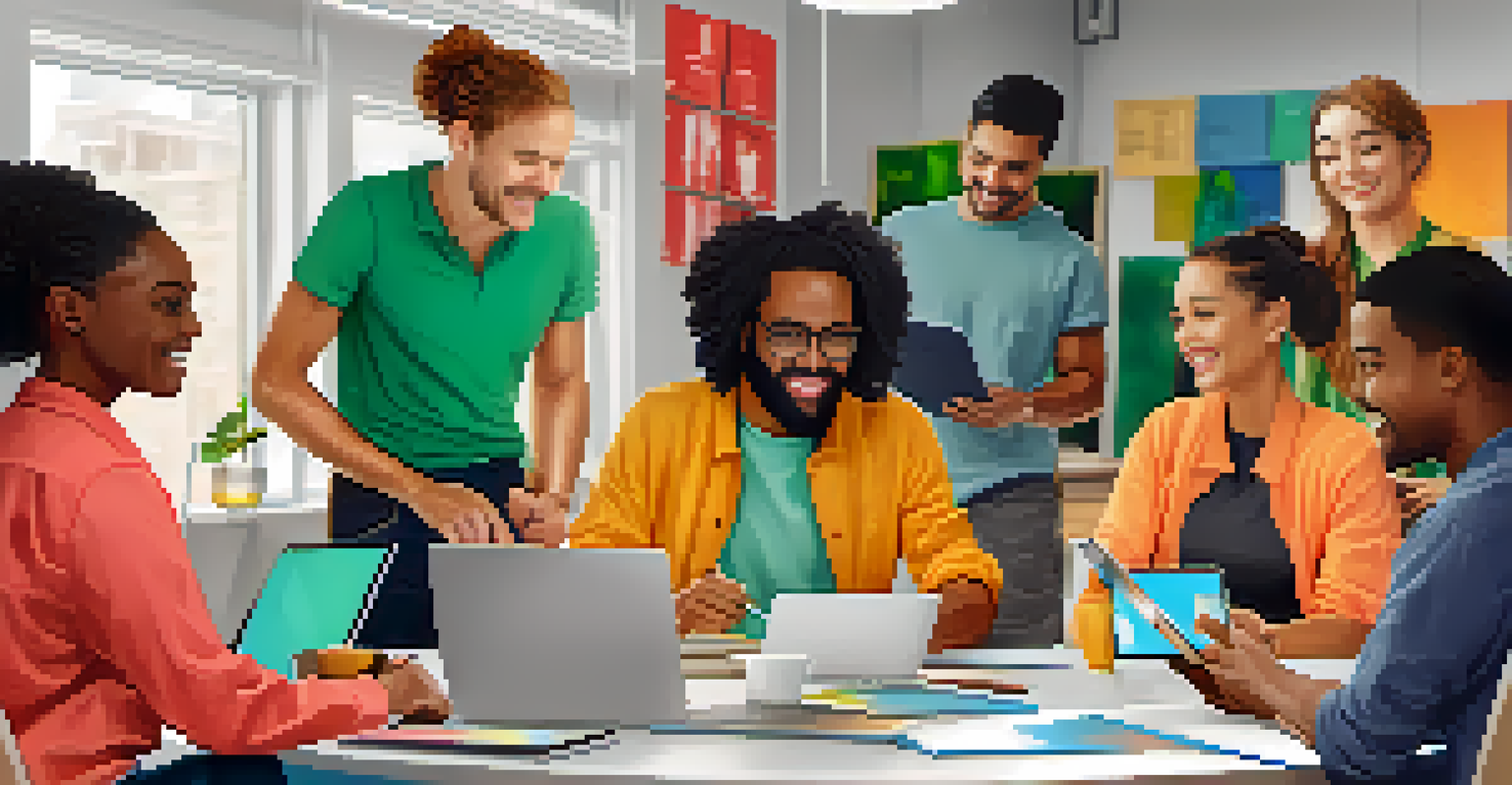 A diverse group of professionals collaborating in a workshop, sharing their digital portfolios and ideas in a colorful office setting.