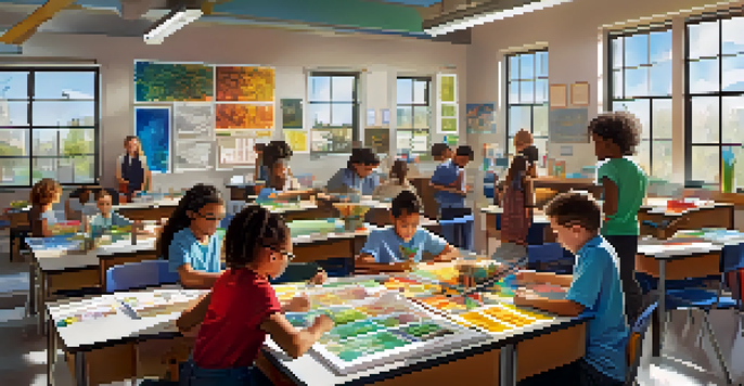 A diverse group of students collaborating on a hands-on STEAM project in a colorful classroom filled with educational posters and art supplies.