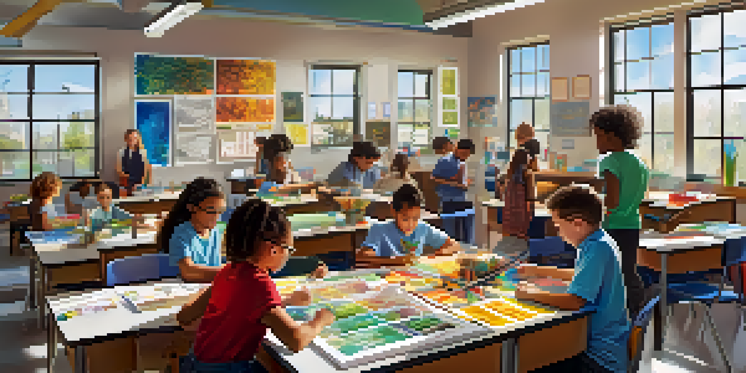 A diverse group of students collaborating on a hands-on STEAM project in a colorful classroom filled with educational posters and art supplies.