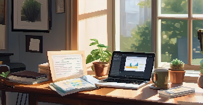 A cozy home office featuring a wooden desk with a laptop displaying financial graphs, a potted plant, a steaming coffee cup, and a notepad with savings goals under soft morning light.