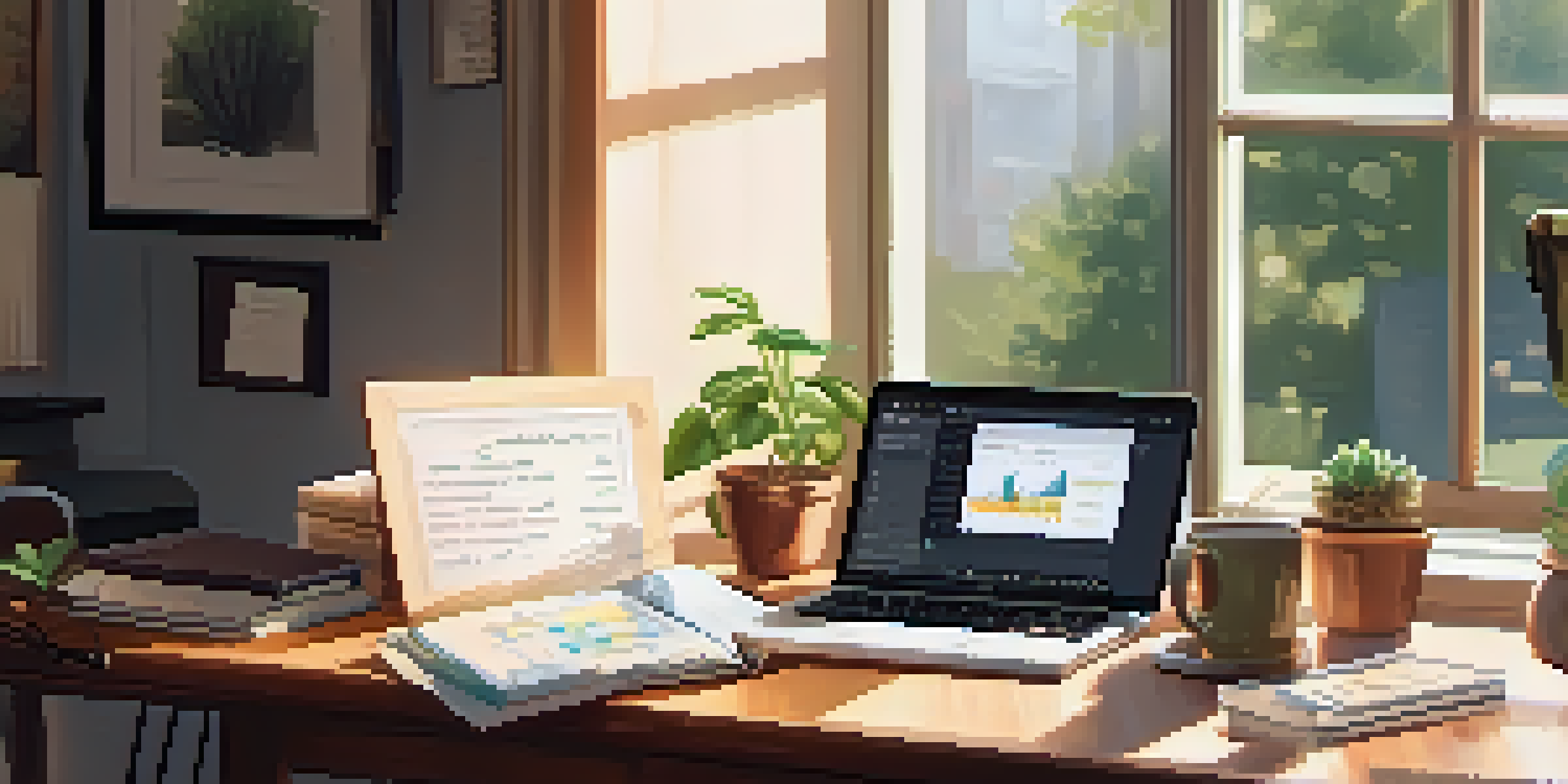 A cozy home office featuring a wooden desk with a laptop displaying financial graphs, a potted plant, a steaming coffee cup, and a notepad with savings goals under soft morning light.
