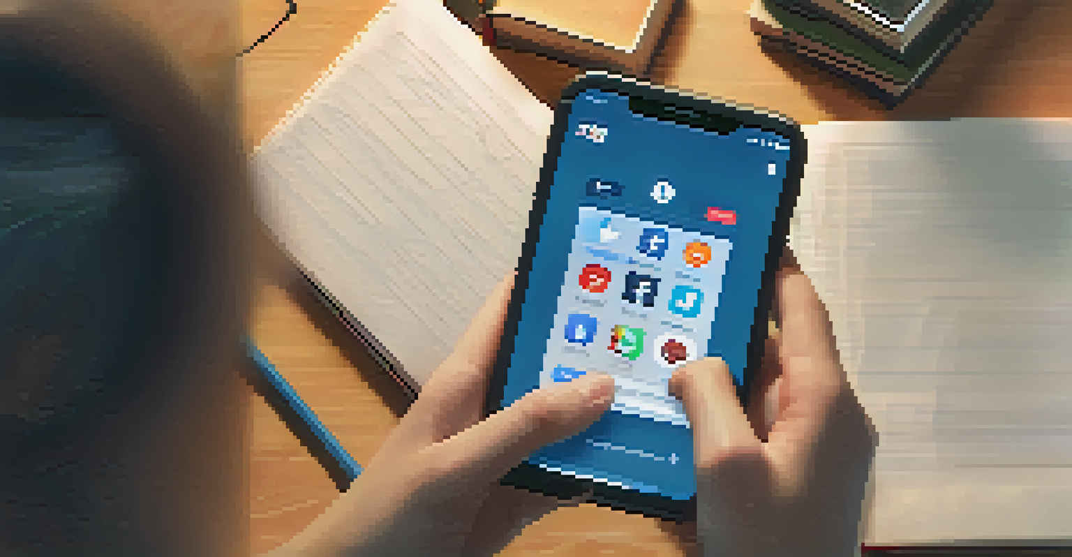 A smartphone showing a social media app on a desk, with a student's hands ready to take notes in a cozy study space.