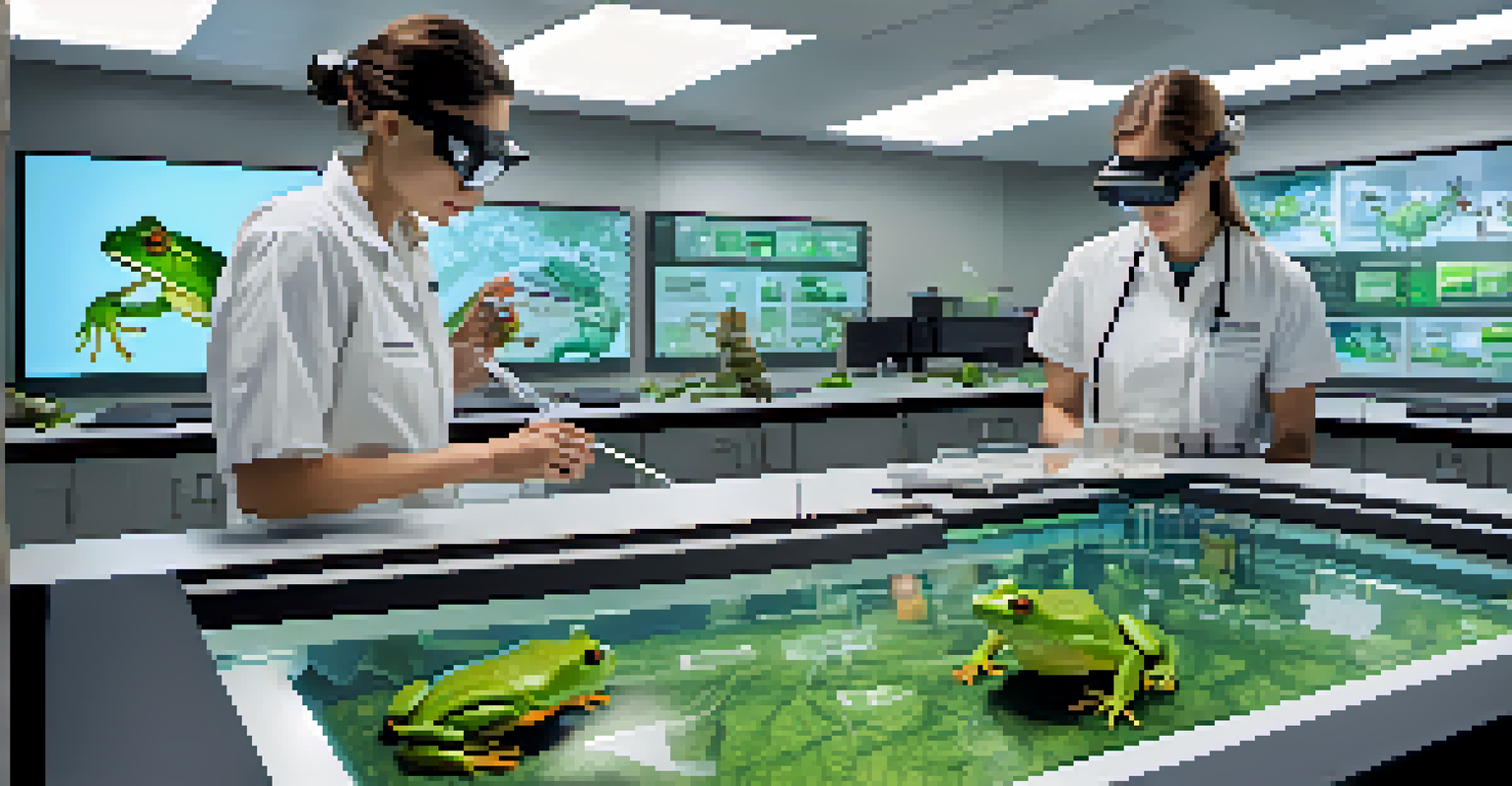 Students in a science lab using AR technology to dissect a virtual frog, surrounded by scientific tools and bright lighting.