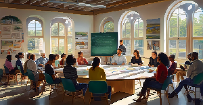 A welcoming workshop environment with participants discussing around a circular table, bright natural light, and colorful materials.