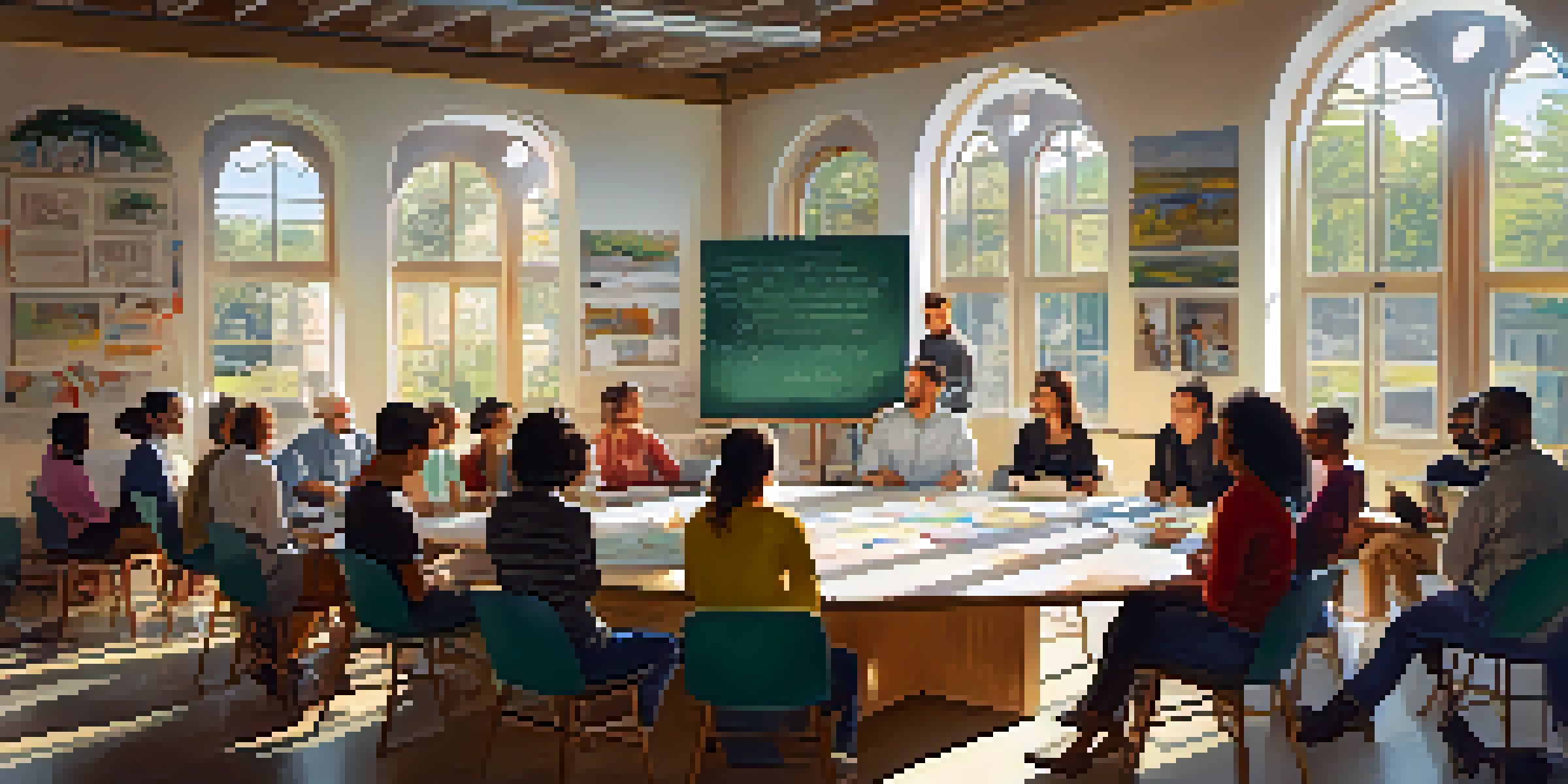 A welcoming workshop environment with participants discussing around a circular table, bright natural light, and colorful materials.