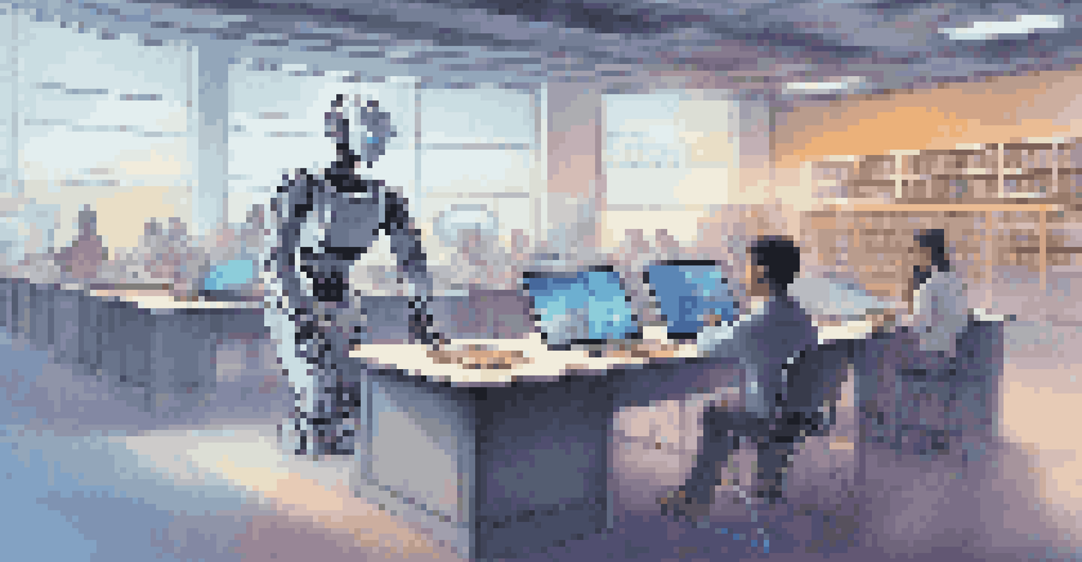 A humanoid robot assisting a student in a futuristic classroom filled with digital devices and holographic displays.