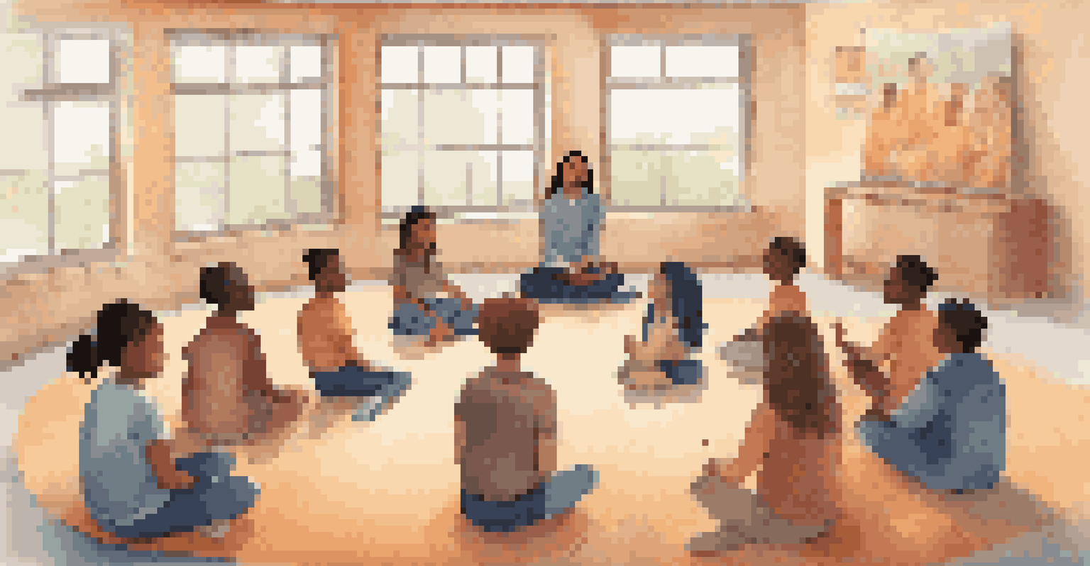 Students in a circle sharing thoughts during a mindfulness activity in a colorful classroom.
