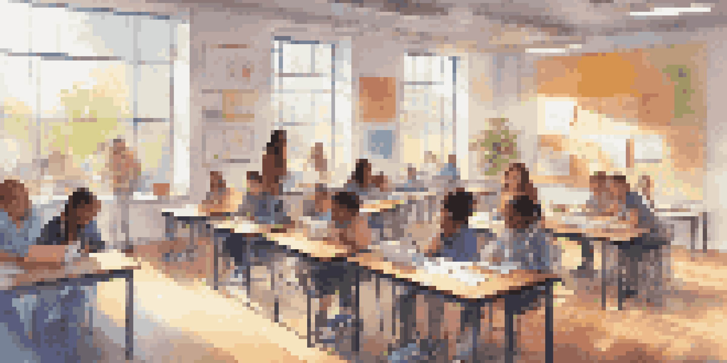 A vibrant classroom scene with diverse students working together on laptops and educational materials, illuminated by sunlight.
