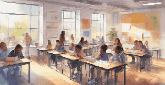 A vibrant classroom scene with diverse students working together on laptops and educational materials, illuminated by sunlight.