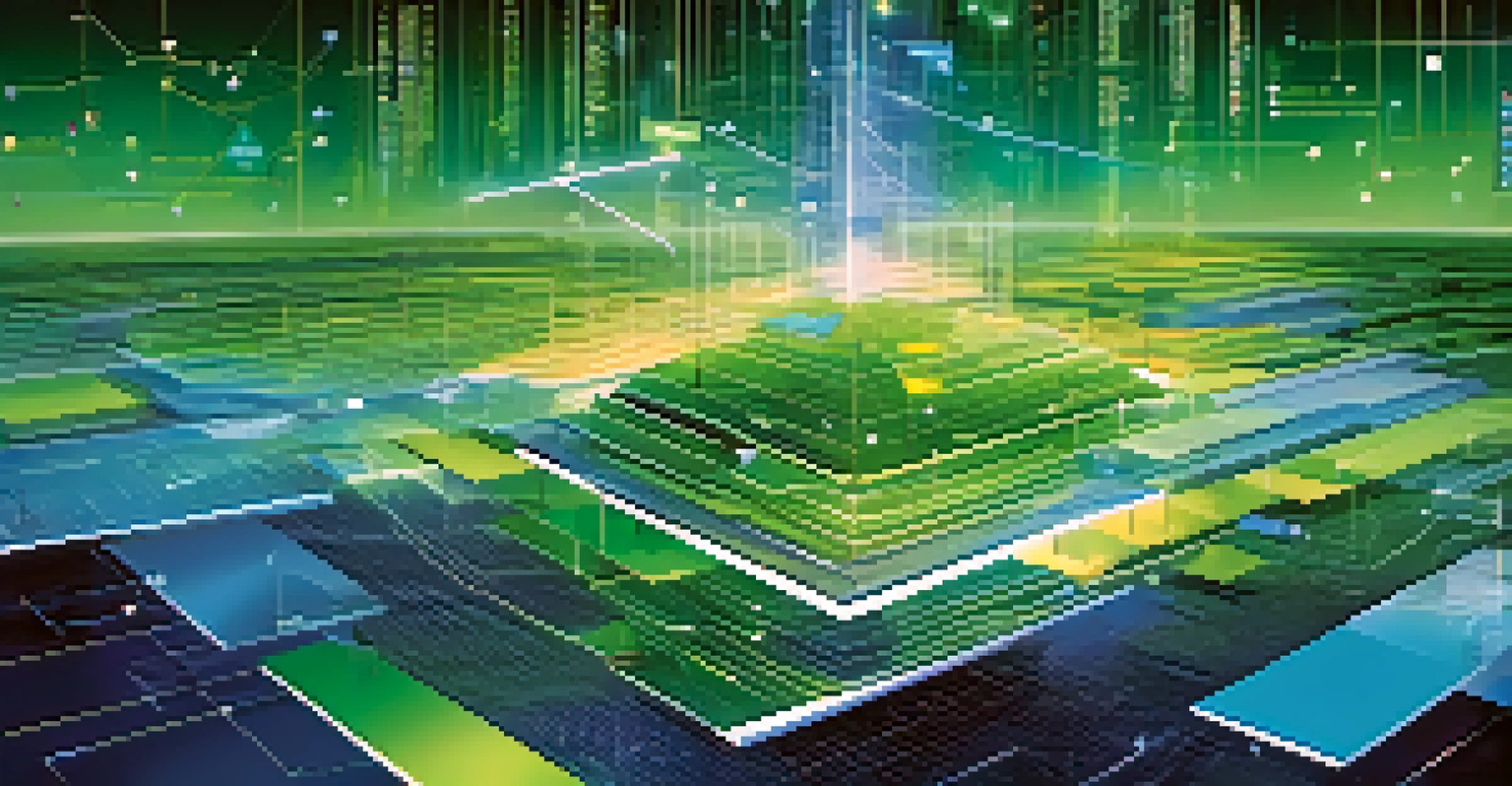 An abstract digital landscape with floating data icons and bright colors, symbolizing the navigation of information.