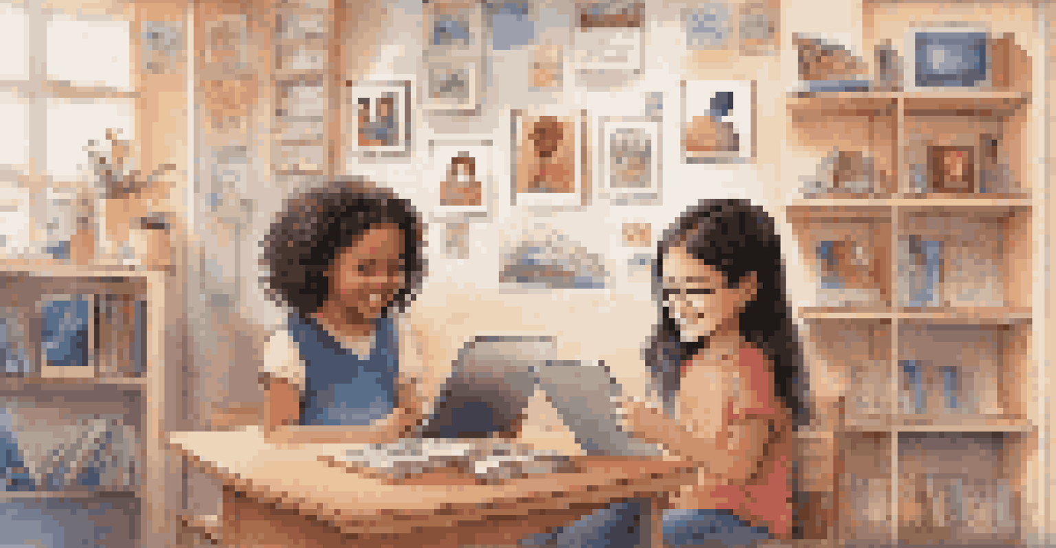 A young girl using a tablet in a cozy learning space, smiling at an educational app, surrounded by culturally themed posters and a bookshelf of diverse books.