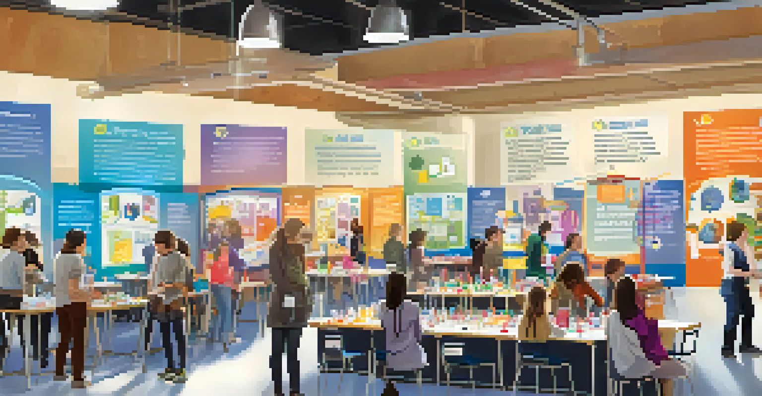 A science fair scene with tables displaying colorful student projects and banners promoting STEM education, surrounded by attendees.