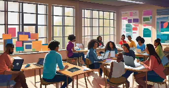 A digital storytelling workshop with diverse participants discussing creative ideas, surrounded by colorful posters and warm lighting.