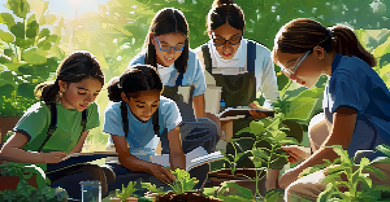 Students outdoors engaged in a hands-on science experiment, examining plants with magnifying glasses, guided by a teacher.