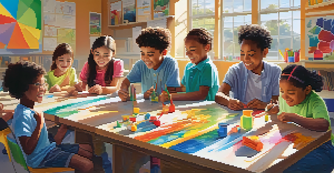A colorful classroom with diverse children engaged in a science project, sunlight illuminating the space filled with art supplies.