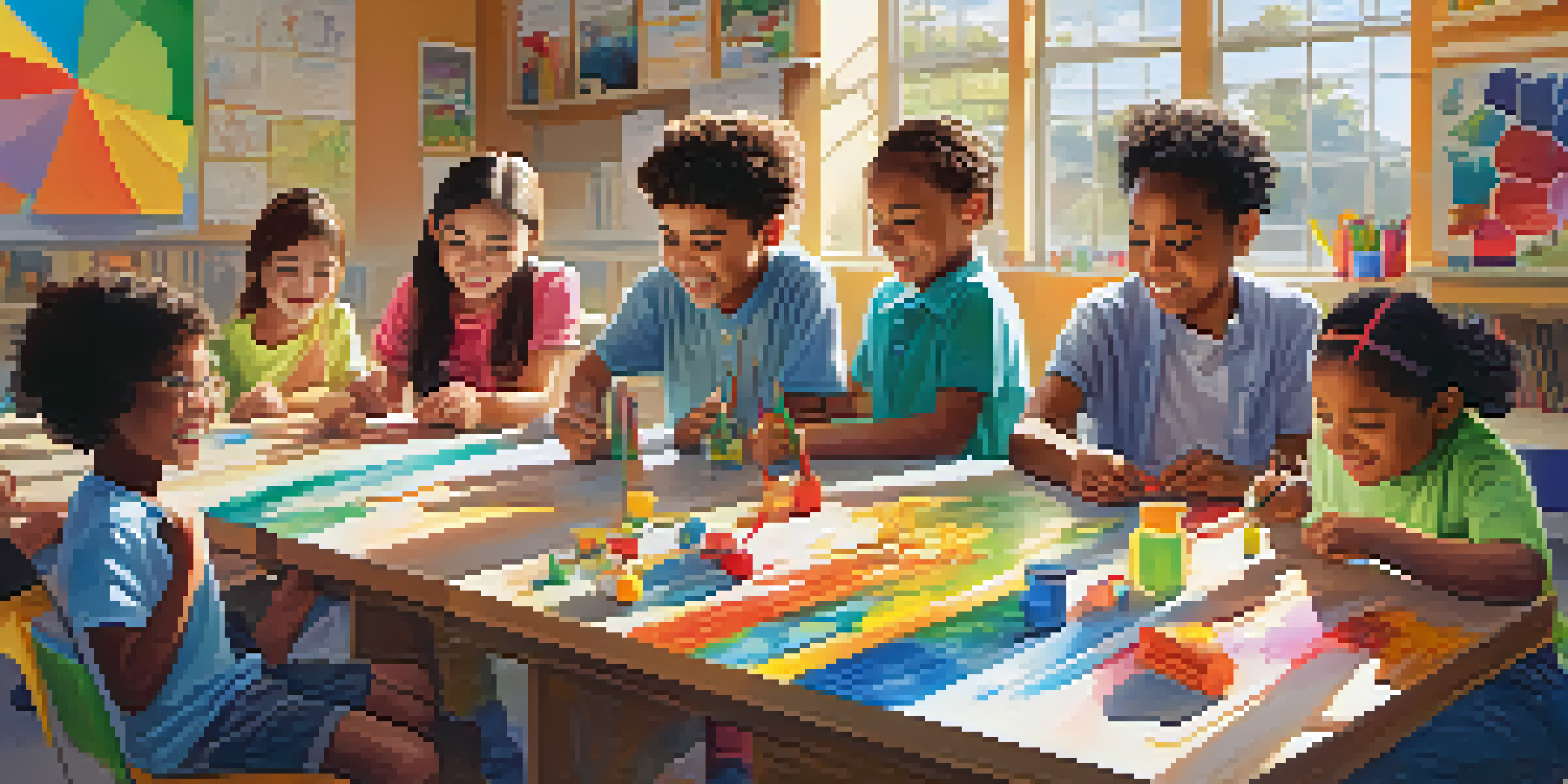 A colorful classroom with diverse children engaged in a science project, sunlight illuminating the space filled with art supplies.