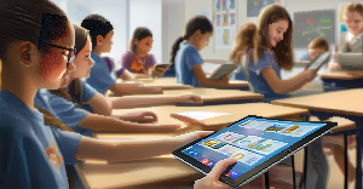 A teacher holding a tablet showing diverse educational content, with students engaged in the background in a cozy classroom setting.