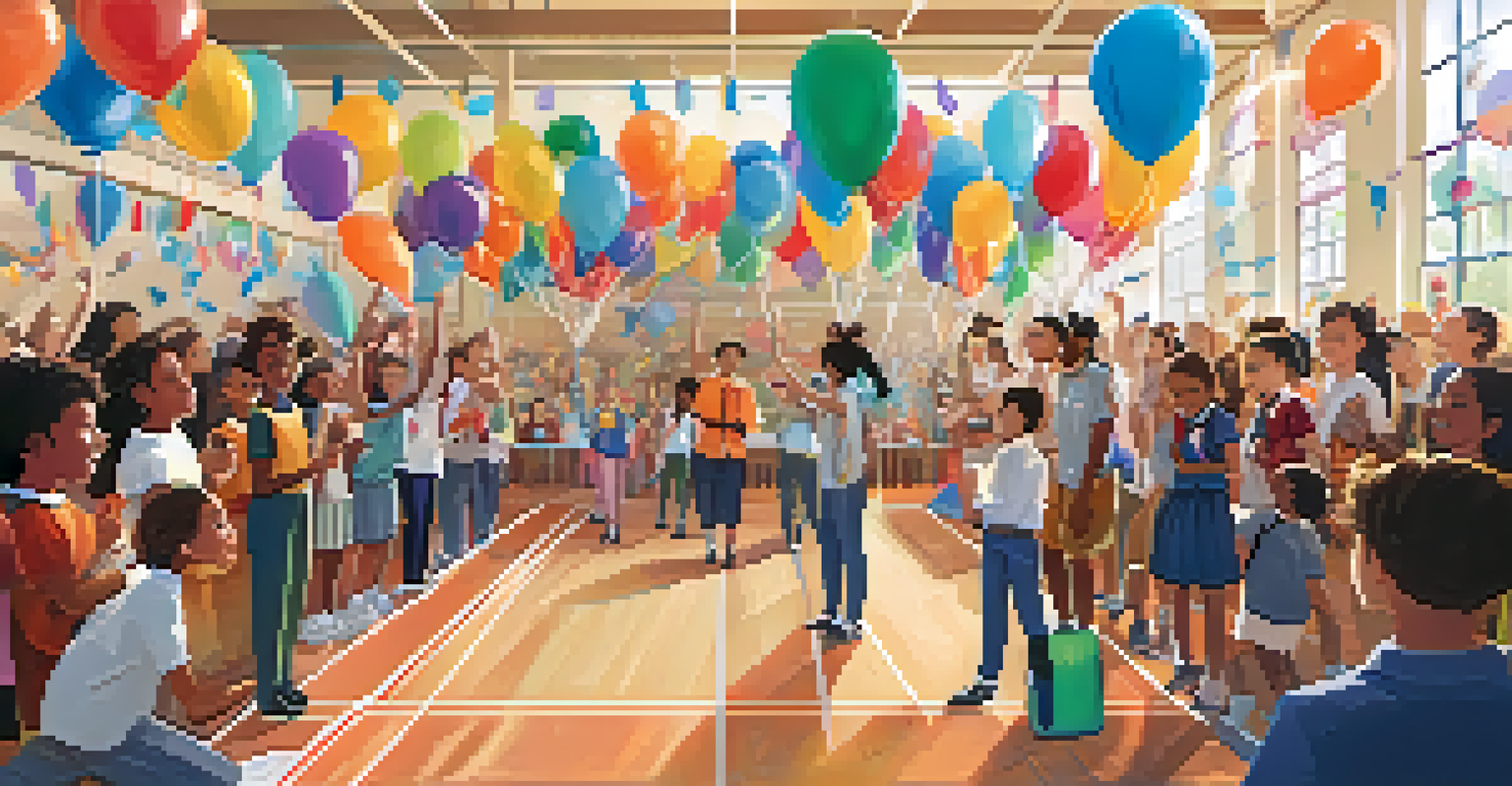 Students receiving awards in a colorful gymnasium, celebrating their achievements with joy and excitement.