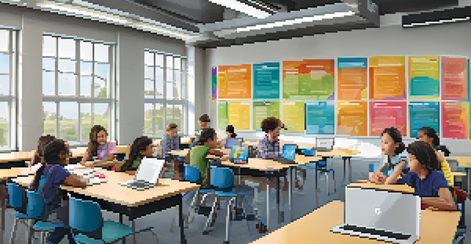 A vibrant classroom where students are using technology alongside in-person learning, with a teacher facilitating discussions.