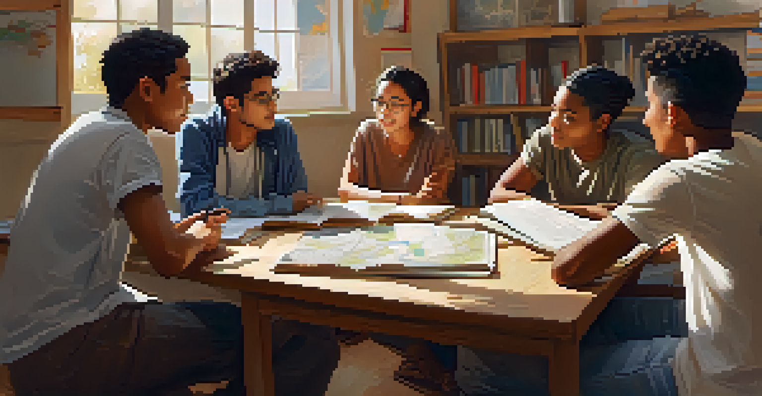 A multicultural classroom where students are engaged in a lively language exchange, surrounded by maps and cultural artifacts, illuminated by natural light.