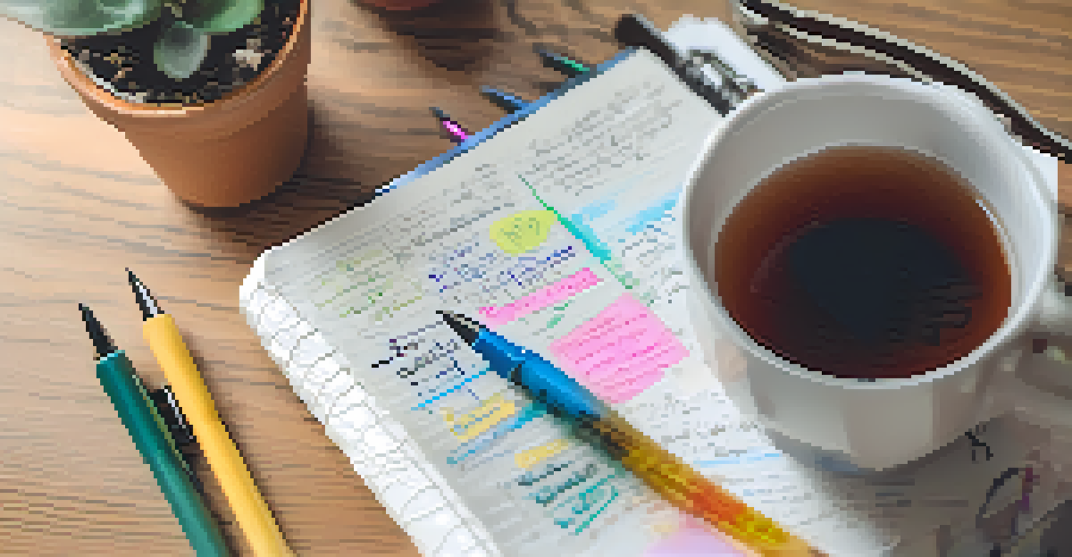 A close-up of a journal page filled with reflective questions, colorful pens, and a mug of tea in a cozy setting.