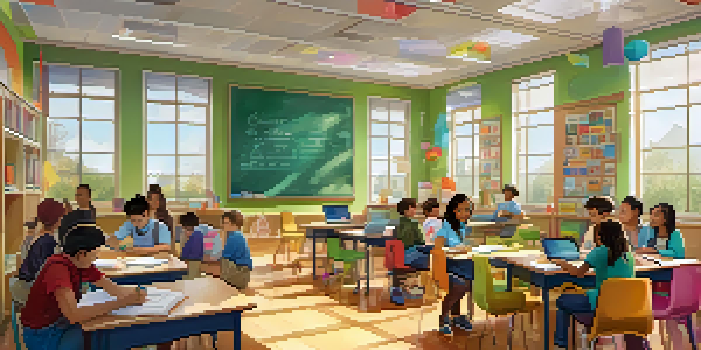 A lively classroom where students are collaboratively engaged in learning, with colorful decor and natural light.