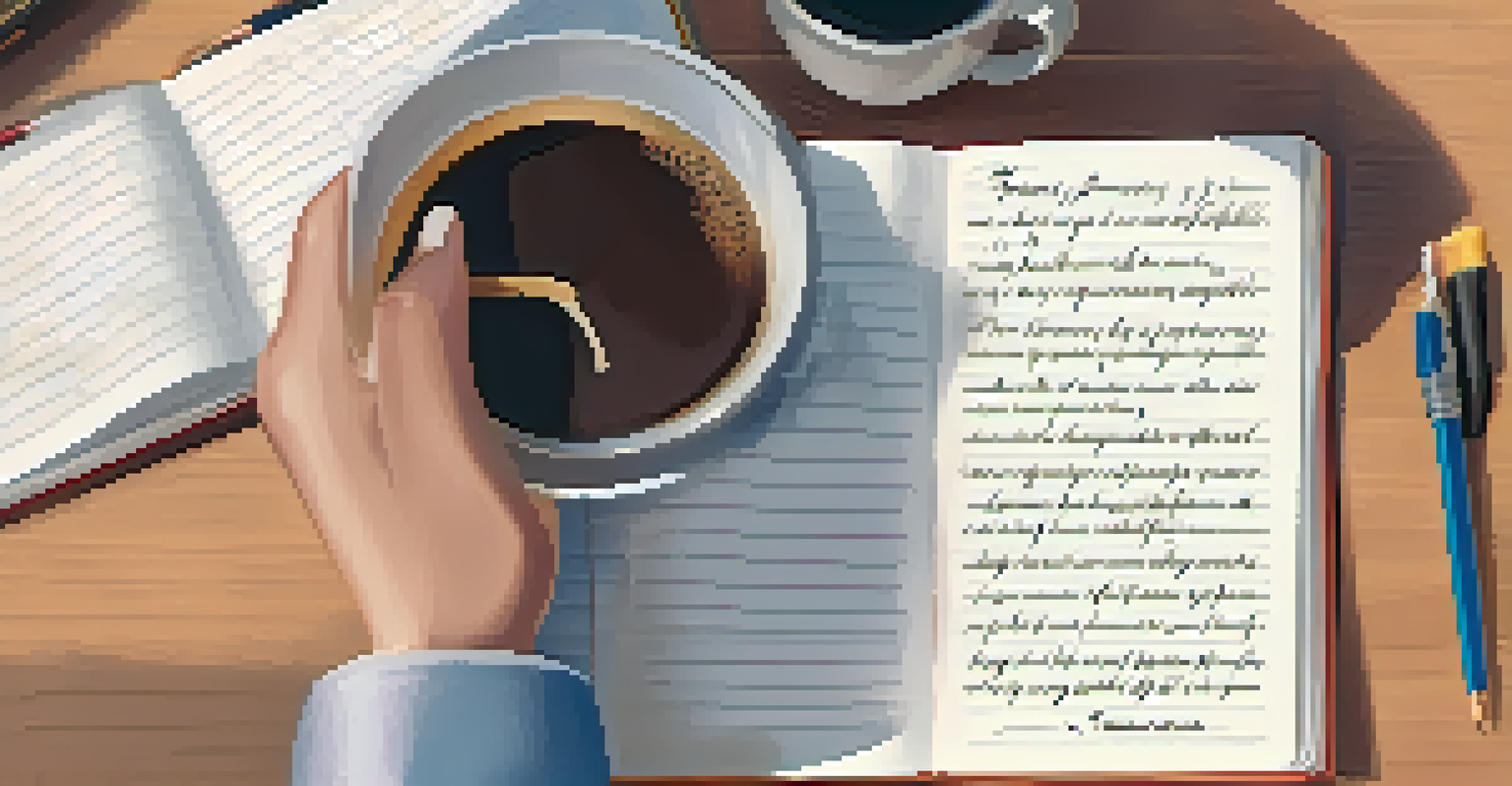 A close-up of a teacher writing in a 'win journal' with motivational quotes and a coffee cup nearby, capturing a moment of reflection.