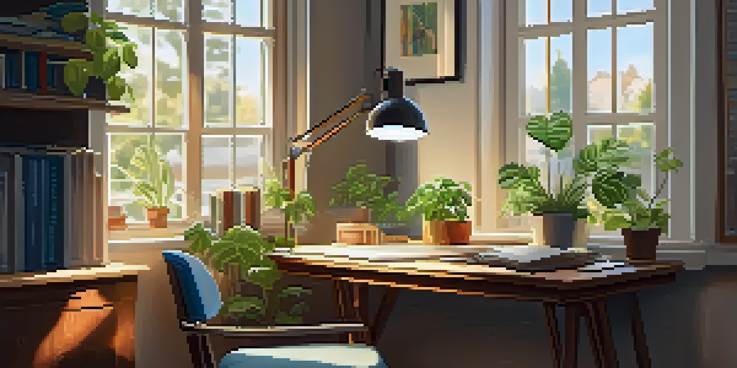 A serene study environment with a clean desk, books, a chair, and a plant, illuminated by warm light.