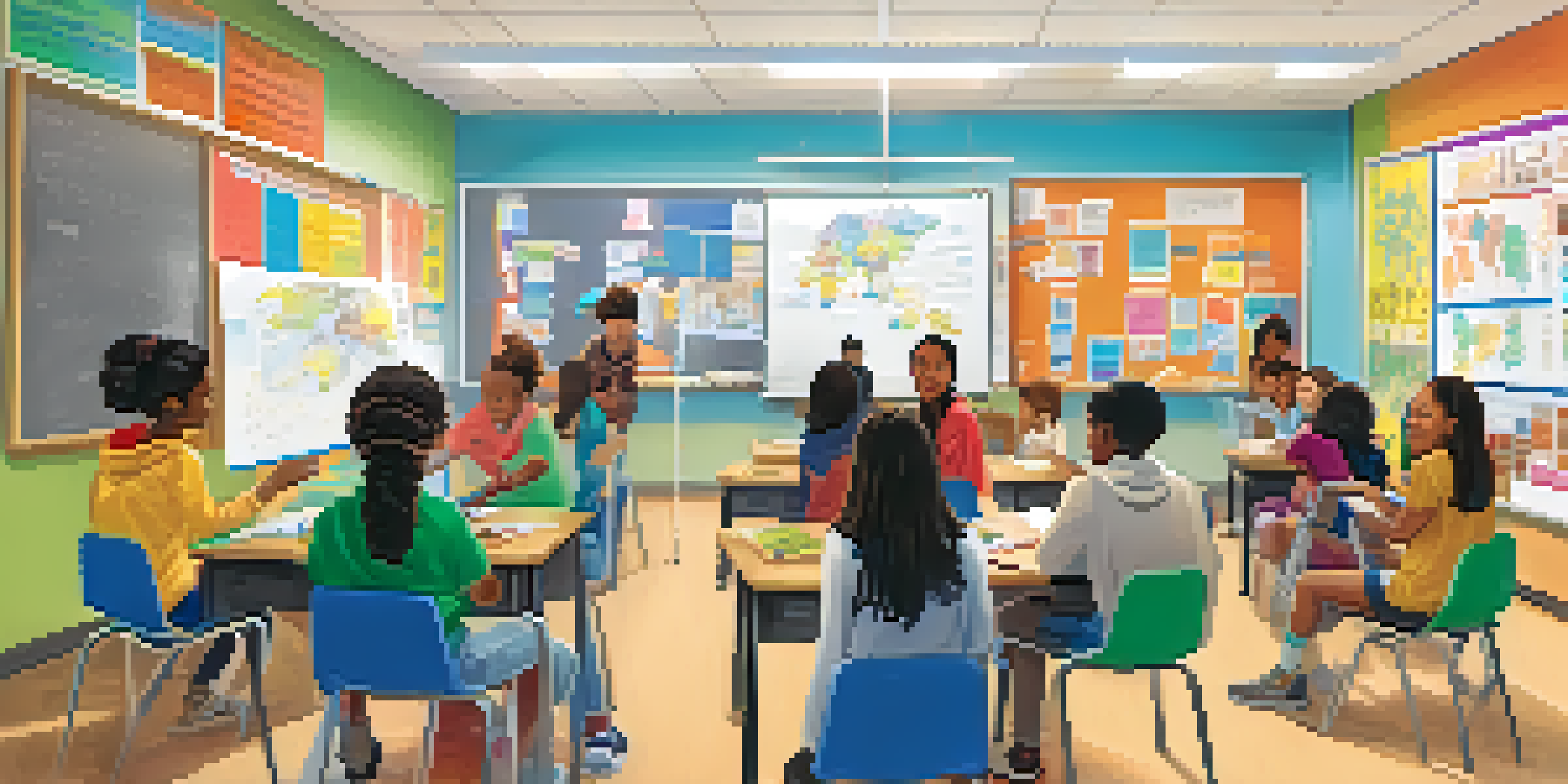 A bright classroom scene where diverse students are collaborating on a group project, surrounded by colorful educational materials.