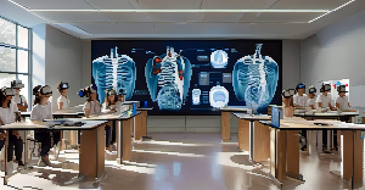 A modern classroom filled with students using virtual reality headsets to explore a 3D model of the human body, surrounded by high-tech educational displays.