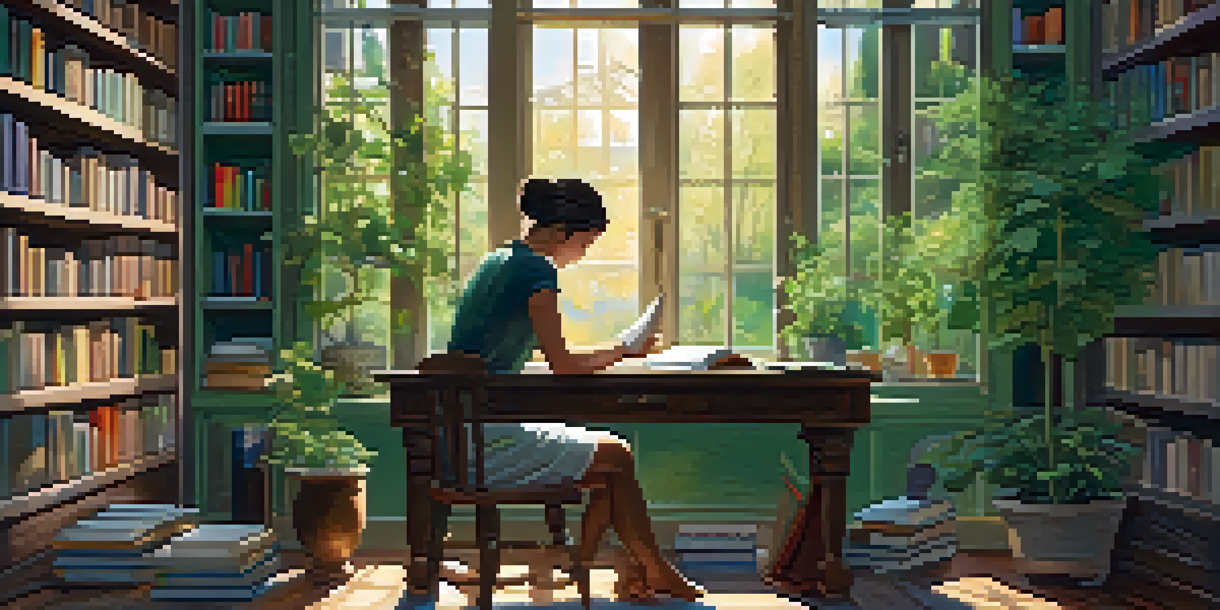 A person reading at a desk in a cozy home office filled with books and sunlight.