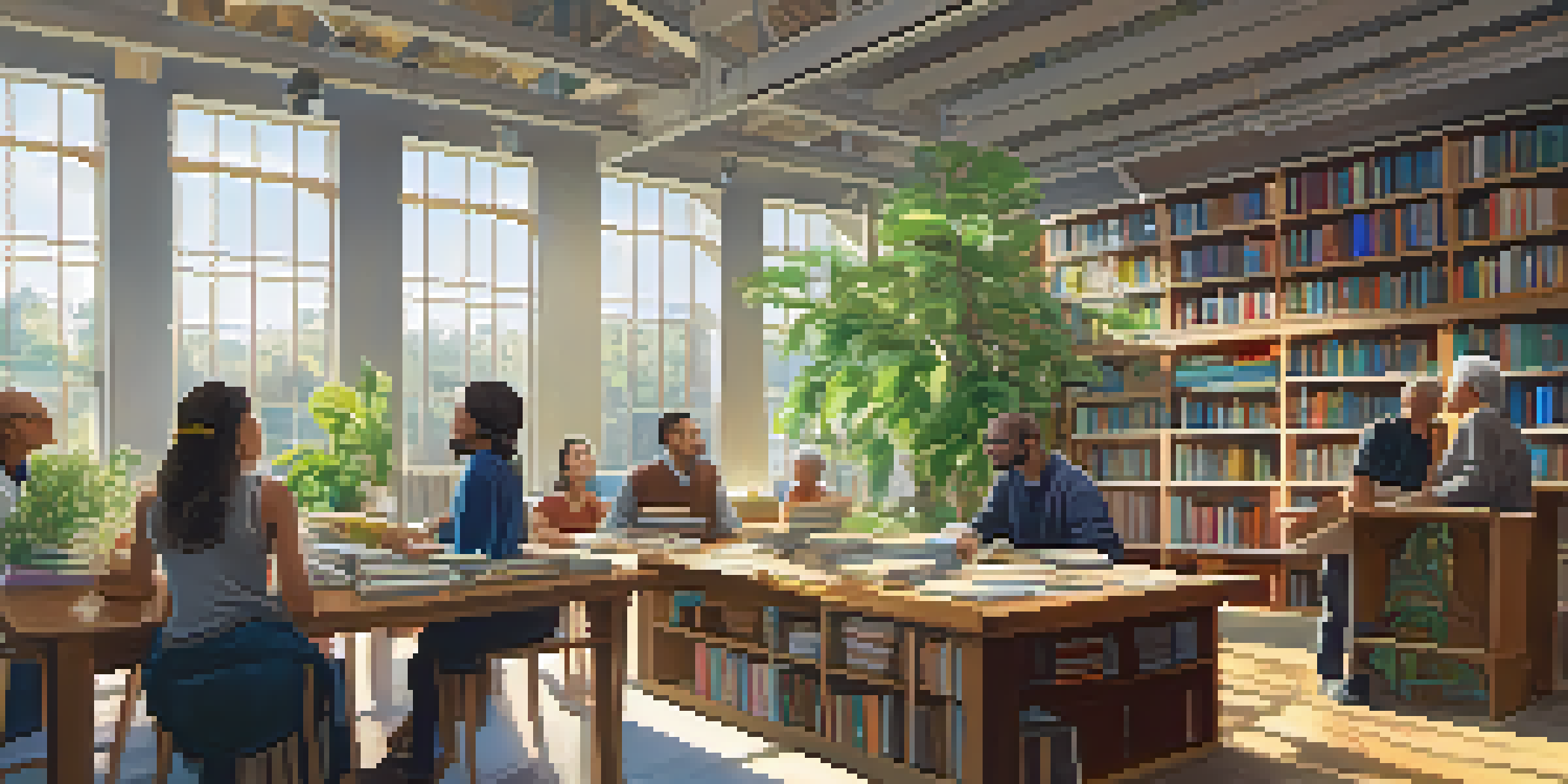 A diverse group of people discussing around a table in a sunlit library filled with books and plants.