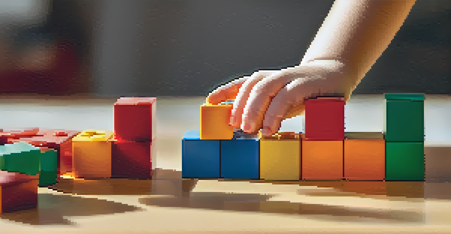 A close-up of a child's hands working with colorful building blocks that represent coding commands, with sunlight highlighting the textures.