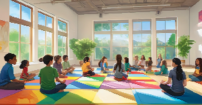 A diverse group of students practicing mindfulness exercises in a bright classroom filled with natural light and greenery.