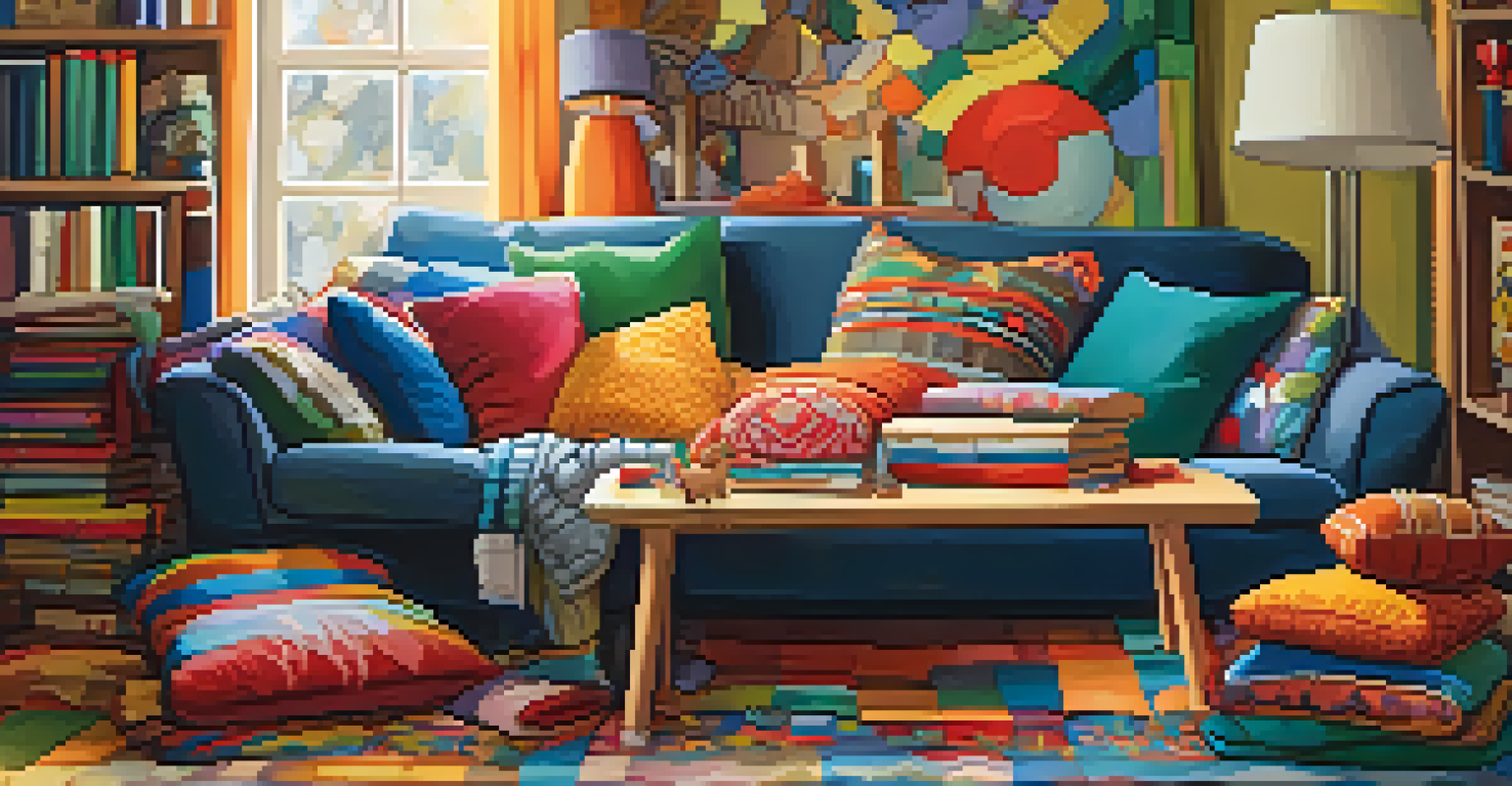 A child's hands constructing a fort with cushions and blankets in a cozy living room.