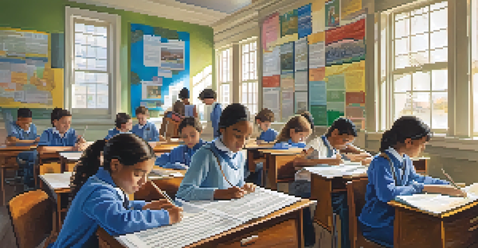 A classroom filled with students collaborating on a project, showcasing a lively learning environment with historical themes.