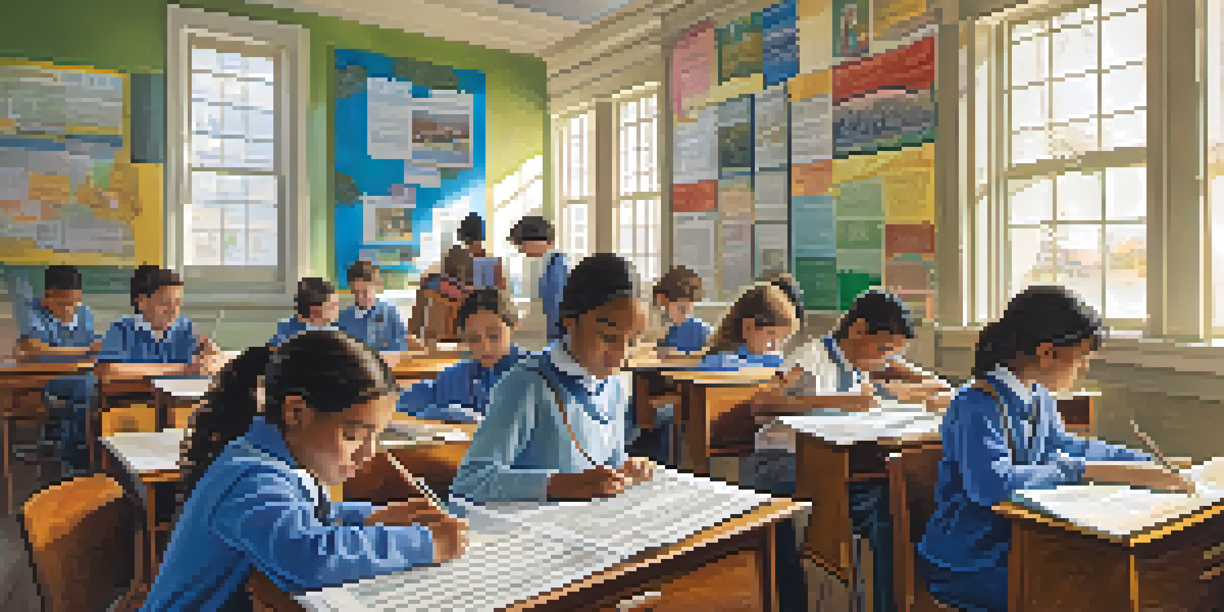 A classroom filled with students collaborating on a project, showcasing a lively learning environment with historical themes.