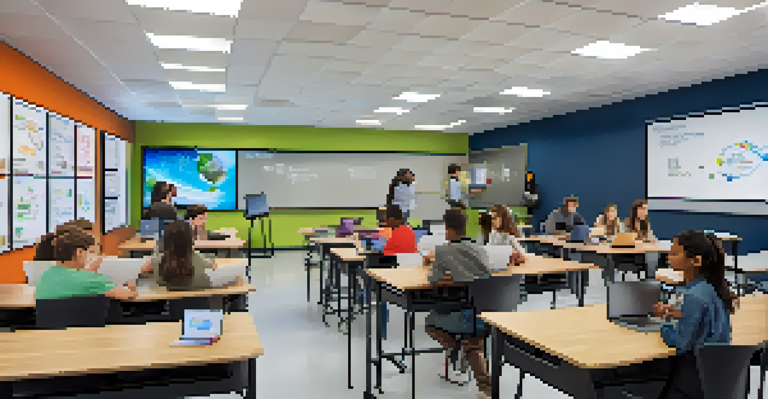 A modern classroom where students use laptops and tablets for collaborative learning, surrounded by interactive technology.