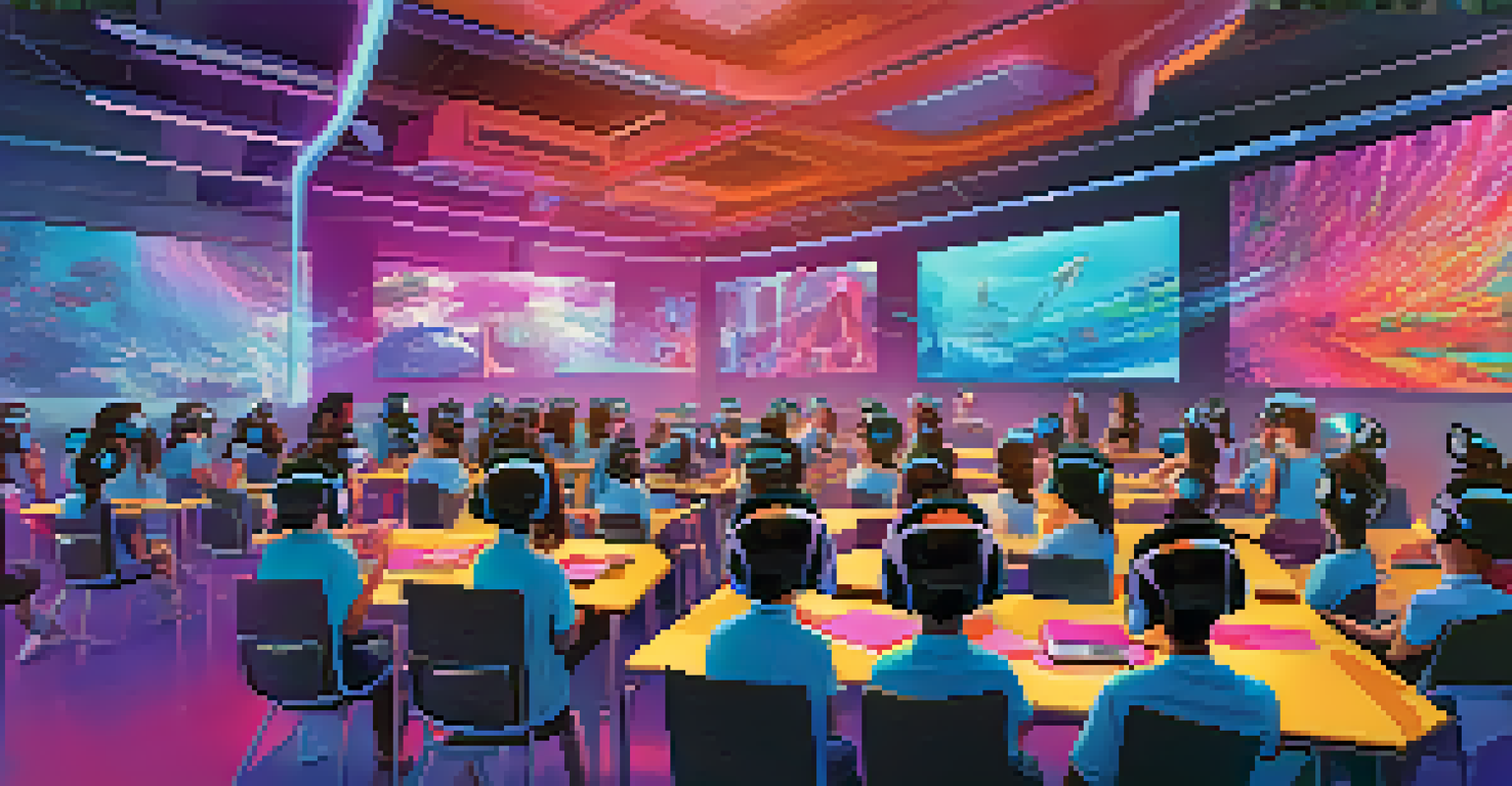 Students wearing virtual reality headsets in a futuristic classroom, engaging in competitive learning experiences with vibrant digital elements.