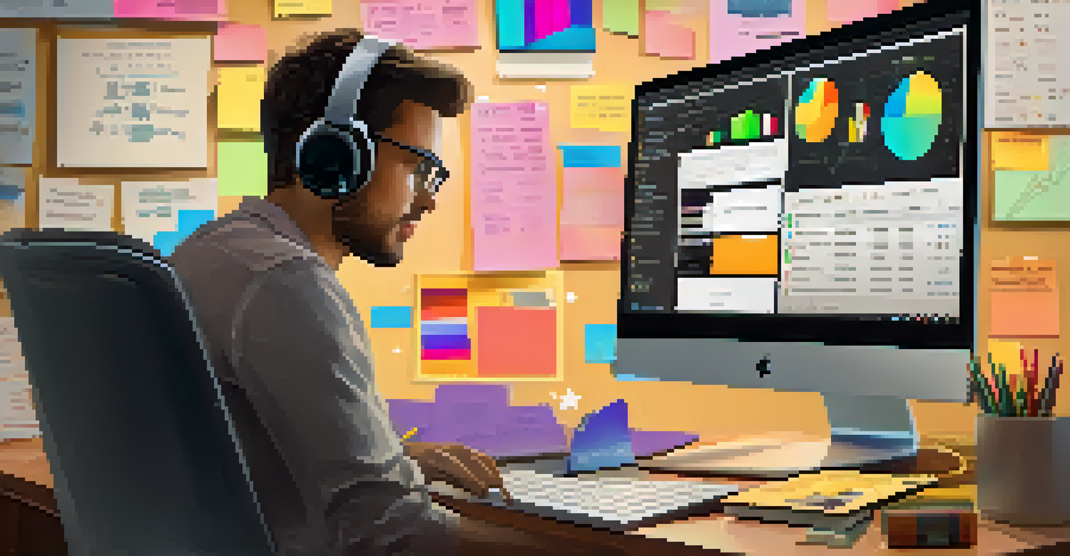 A person analyzing data on a laptop in a cozy workspace filled with sticky notes and books.