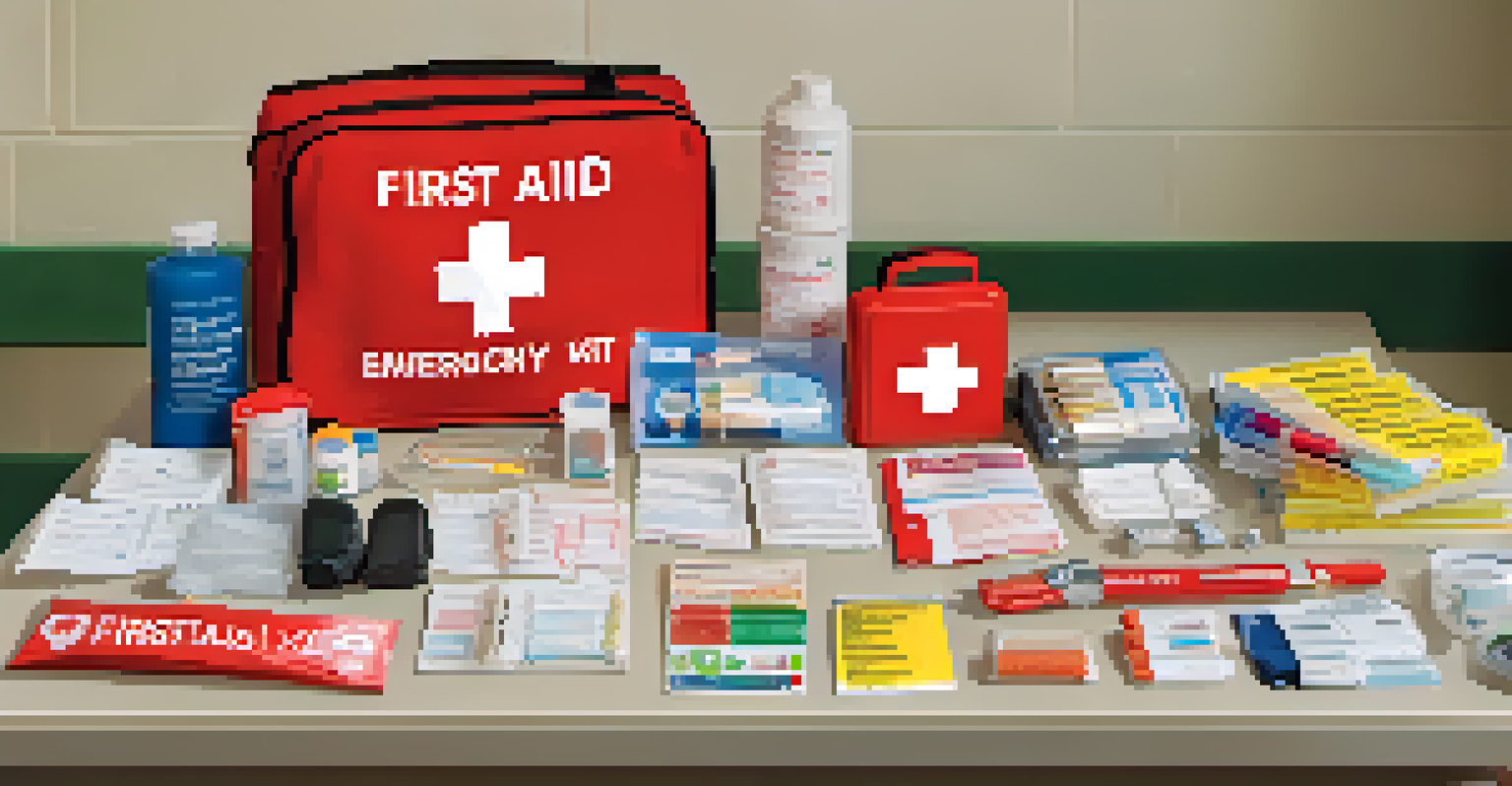 An emergency resource kit containing first-aid supplies and communication tools, arranged neatly on a classroom table.