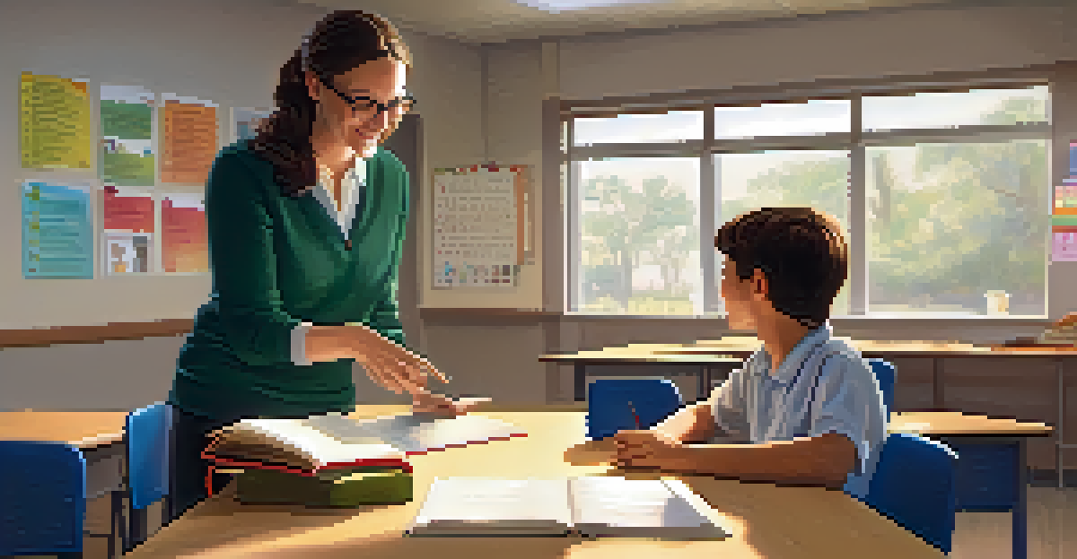 A teacher giving positive feedback to a student in a cozy classroom setting, emphasizing a supportive learning environment.